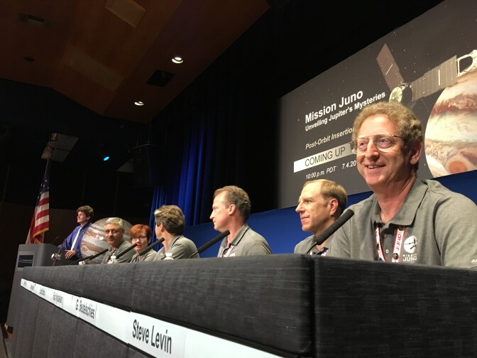 Key members of the Juno team held a press conference after the successful insertion of the spacecraft into orbit around Jupiter.