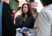 San Francisco District Attorney Kamala Harris speaks to supporters before a press conference.