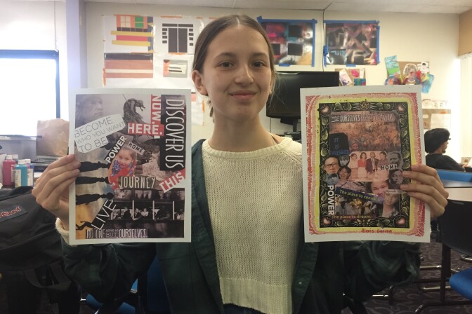18-year-old Alexis Guerra holds up two collages she created with the help of a teaching artist and ArtworxLA. The collages were about different periods of displacement in history. 
