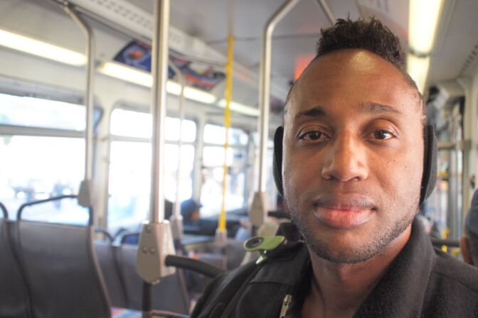 Homeless advocate Troy Erik Isaac on a bus in Downtown Los Angeles
