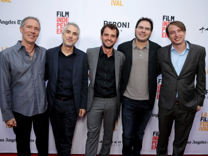 Producer Alex Garcia, Producer Alfonso Cuaron, Director/Writer/Producer Jonas Cuaron, Producer Carlos Cuaron and Executive Producer Nicolas Celis seen at STX Entertainment's Premiere of "Desierto" at 2016 LA Film Festival Closing Night on Thursday, June 9, 2016, in Culver City, Calif. (Photo by Eric Charbonneau/Invision for STX Entertainment/AP Images)