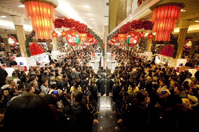 NEW YORK - NOVEMBER 25:  Bargain hunters shop for discounted merchandise at Macy's on 'Black Friday' on November 25, 2011 in New York City.  Marking the start of the holiday shopping season, 'Black Friday' is one of American retailers' busiest days of the year.  (Photo by Michael Nagle/Getty Images)