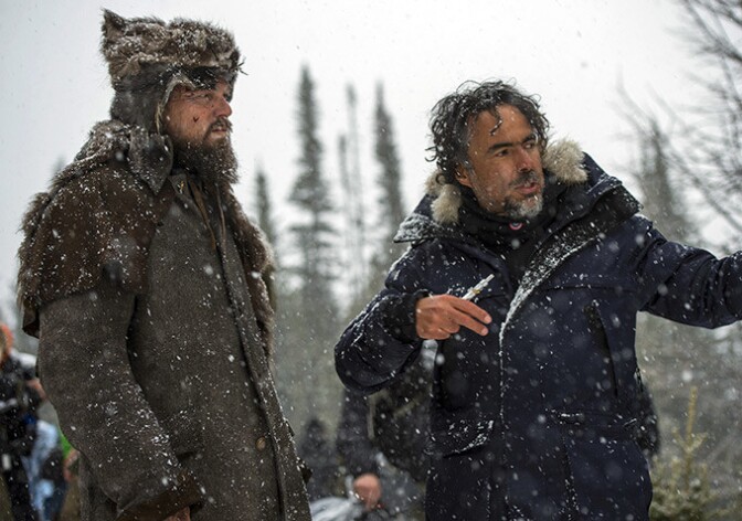 Leonardo DiCaprio, left, with director Alejandro Gonzalez Iñárritu on the set of "The Revenant."