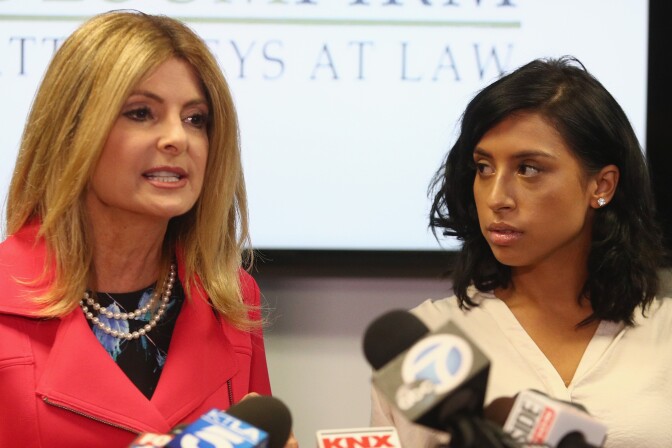 Lisa Bloom and her client, Montia Sabbag, during a press conference on September 20, 2017 in Woodland Hills, California.