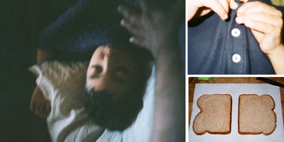 Clockwise: Photos showing Richard's son Jackson sleeping, him buttoning his shirt, and two slides of bread.