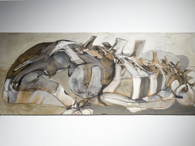 Jan Stussy: Untitled (carcass), c. 1964, acrylic and charcoal on Masonite, 24 x 60 in., Woodbury University. At "The Human Beast: Art of Maxine Kim Stussy & Jan Stussy," at WUHO (6518 Hollywood Blvd., Los Angeles, CA 90028) through February 9.