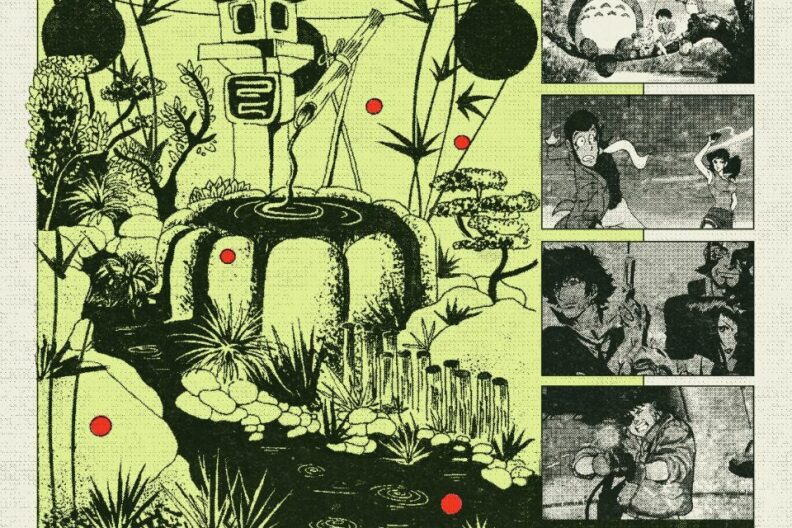 Promo image for The Japanese film & Animation Soundtracks listening party. The image features an animated example of a small part of the garden with four separate squares of different anime's to be featured on the right. The squares include Cowboy Bebop, Akira, Lupin the 3rd and My Neighbor Totoro.