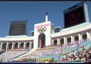 The Olympic motto of Citius, Altius and Fortius is displayed on a giant television screen at the opening ceremony of the 1984 summer Olympics. The ceremony took place in the Coliseum in Los Angeles, California. 