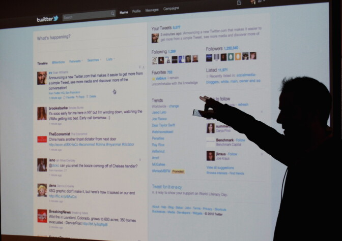 SAN FRANCISCO - SEPTEMBER 14:  Twitter CEO Evan Williams is seen silhouetted against a screen as he shows off the newly revamped Twitter website on September 14, 2010 at Twitter headquarters in San Francisco, California. Twitter launched a new version of the popular social media site in hopes it will be more user friendly. . (Photo by Justin Sullivan/Getty Images)