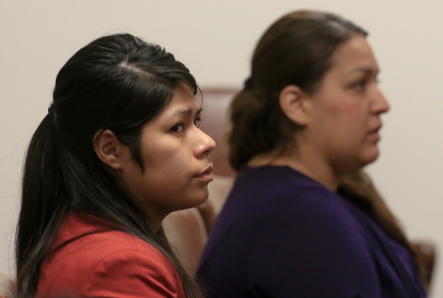 Vanesa Tapia Zavala (L) and Candace Marie Brito at their preliminary hearing in the West Justice Center February 11, 2014 in Westminster, California. The two are charged in the beating death of Kim Pham in front of a Santa Ana nightclub.