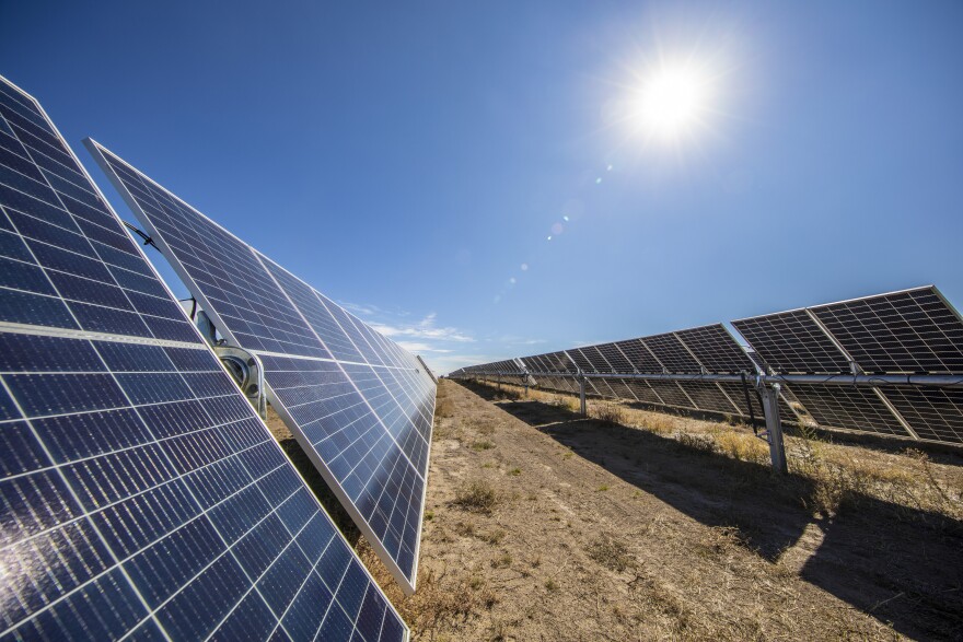 Rows of solar panels sit under a bright sun.