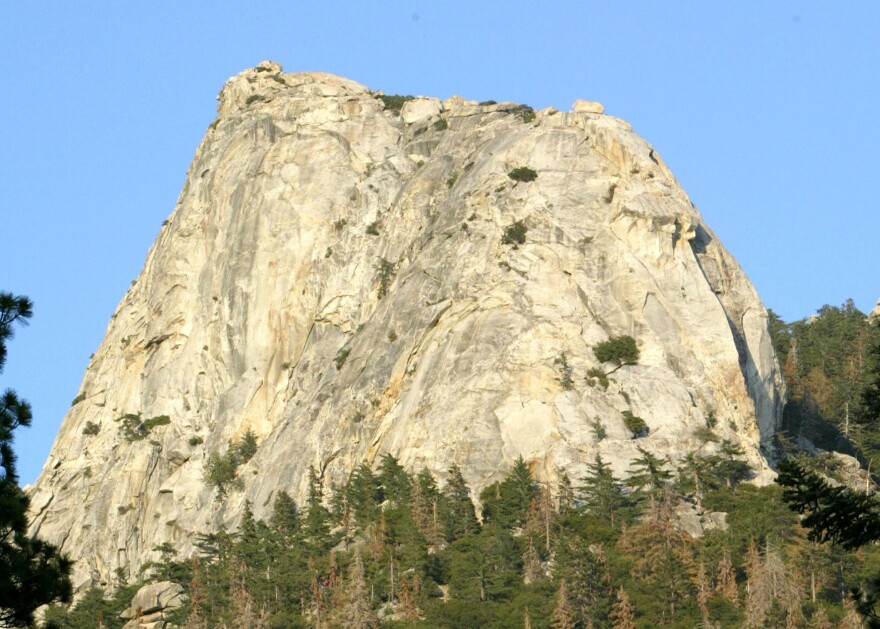 A large rock rises above a tree line.
