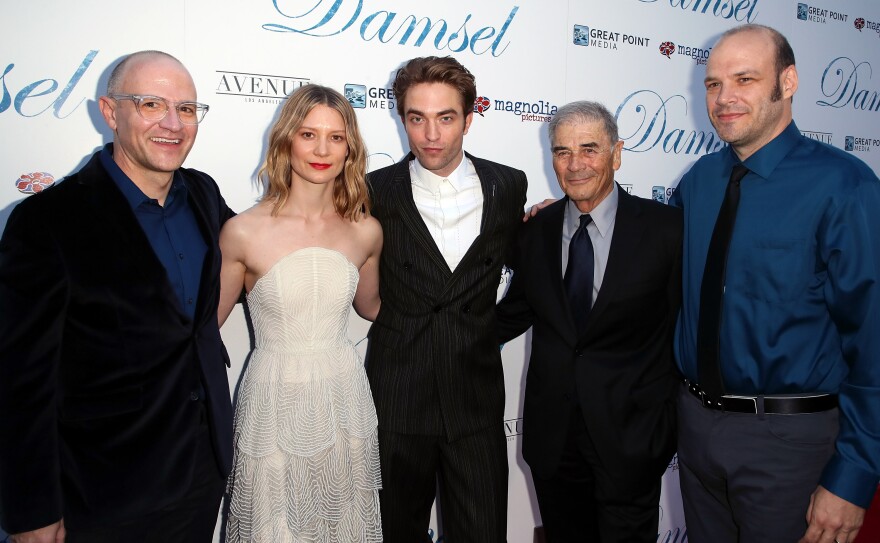 HOLLYWOOD, CA - JUNE 13:  (L-R) Director David Zellner, actors Mia Wasikowska, Robert Pattinson and Robert Forster and director Nathan Zellner attend Magnolia Pictures' "Damsel" premiere at ArcLight Hollywood on June 13, 2018 in Hollywood, California.  (Photo by David Livingston/Getty Images)