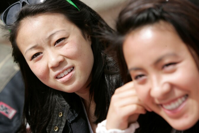 Jessica Peng, left, and Lauren Sit talk about proposed college admissions guidelines affecting Asian students at Lowell High School in San Francisco, Thursday, April 23, 2009. 
