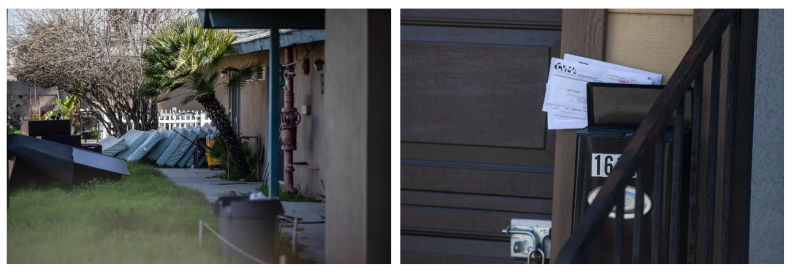 Two photos are side by side. On the left, at least eight mattresses are seen stacked against each other, in what looks like someone's backyard. There is other large items littering the yard as well. The right photo shows an overflowing mail box.