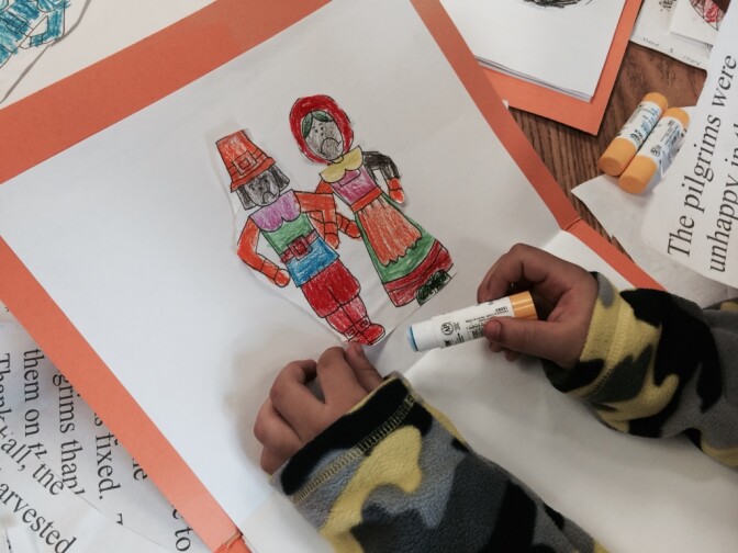 Kindergarten students at Weemes Elementary in Exposition Park study the first thanks giving story, adding culture and flavor of their own. 