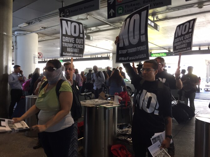 Protesters rather at the Tom Bradley International Terminal at LAX on June 29, 2017 to demonstrate against the reinstated travel ban that limits arrivals from six Muslim-dominant countries.