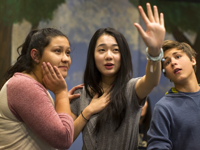 Sophomore Morgan Wang, center, takes part in a rehearsal of "The Miser" at Arroyo Pacific Academy in Arcadia on Tuesday afternoon, Nov. 17, 2015. Wang plays Marianne in the play.