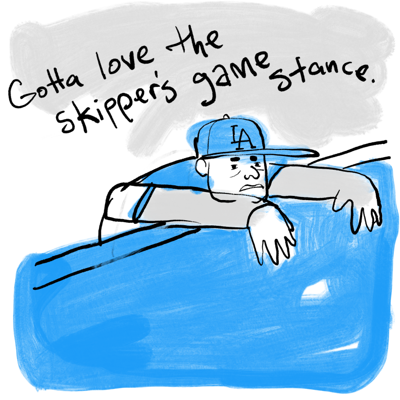 Text: "Gotta love the skipper's game stance." A man hangs over the edge of a barrier with an L.A. Dodgers hat, looking tired/exhausted.