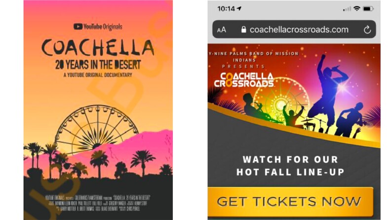 Posters for the Coachella Valley Music and Arts Festival and the Coachella Crossroads festival sit side by side. The left poster shows a ferris wheel peeking out from behind mountains and palm trees while the right poster shows a band of musicians performing in front of a ferris wheel.