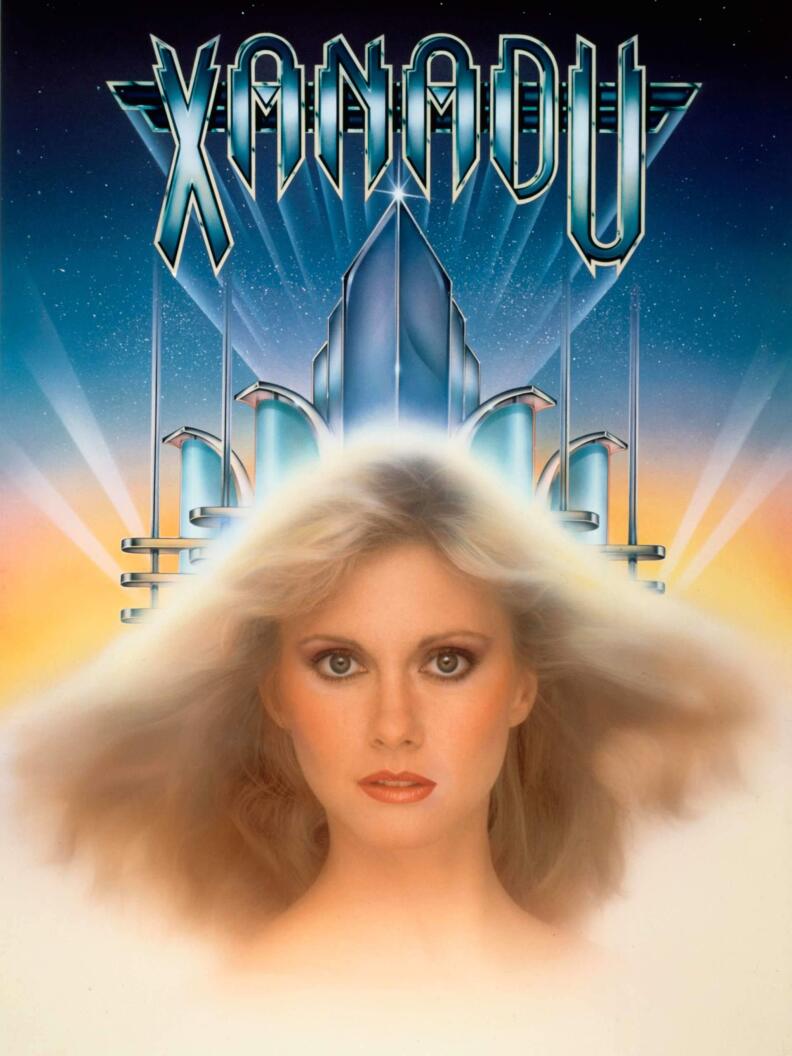 A blonde-haired actress stares straight into the camera in a movie poster titled "Xanadu".