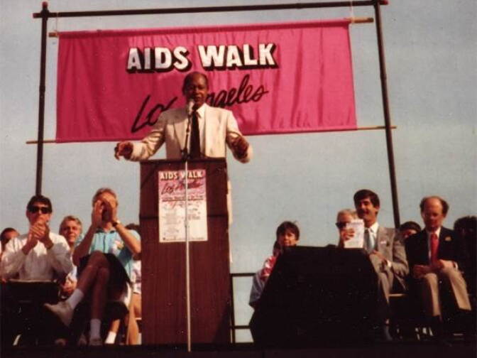 Five-term LA Mayor Tom Bradley speaks at AIDS Walk LA 1988.
