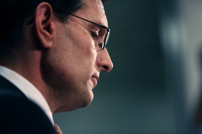 WASHINGTON, DC - JUNE 11:  House Majority Leader Eric Cantor (R-VA) addresses a news conference after telling the Republican caucus that he will resign his post at the U.S. Capitol June 11, 2014 in Washington, DC. Cantor announced that he will resign his leadership position in the House of Representatives on July 31 after losing a primary race to Tea Party-backed college professor David Brat.  (Photo by Chip Somodevilla/Getty Images)