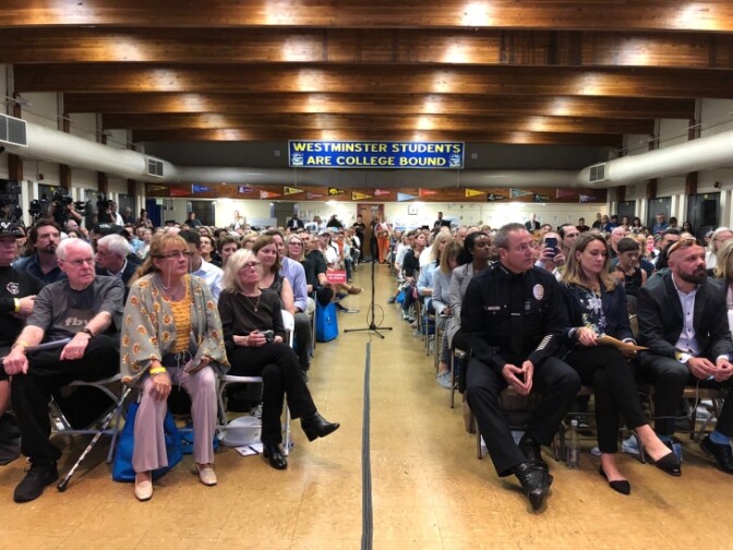 The auditorium at Westminster Elementary School in Venice was packed Wednesday night for a town hall on a proposed emergency shelter a few blocks away. 