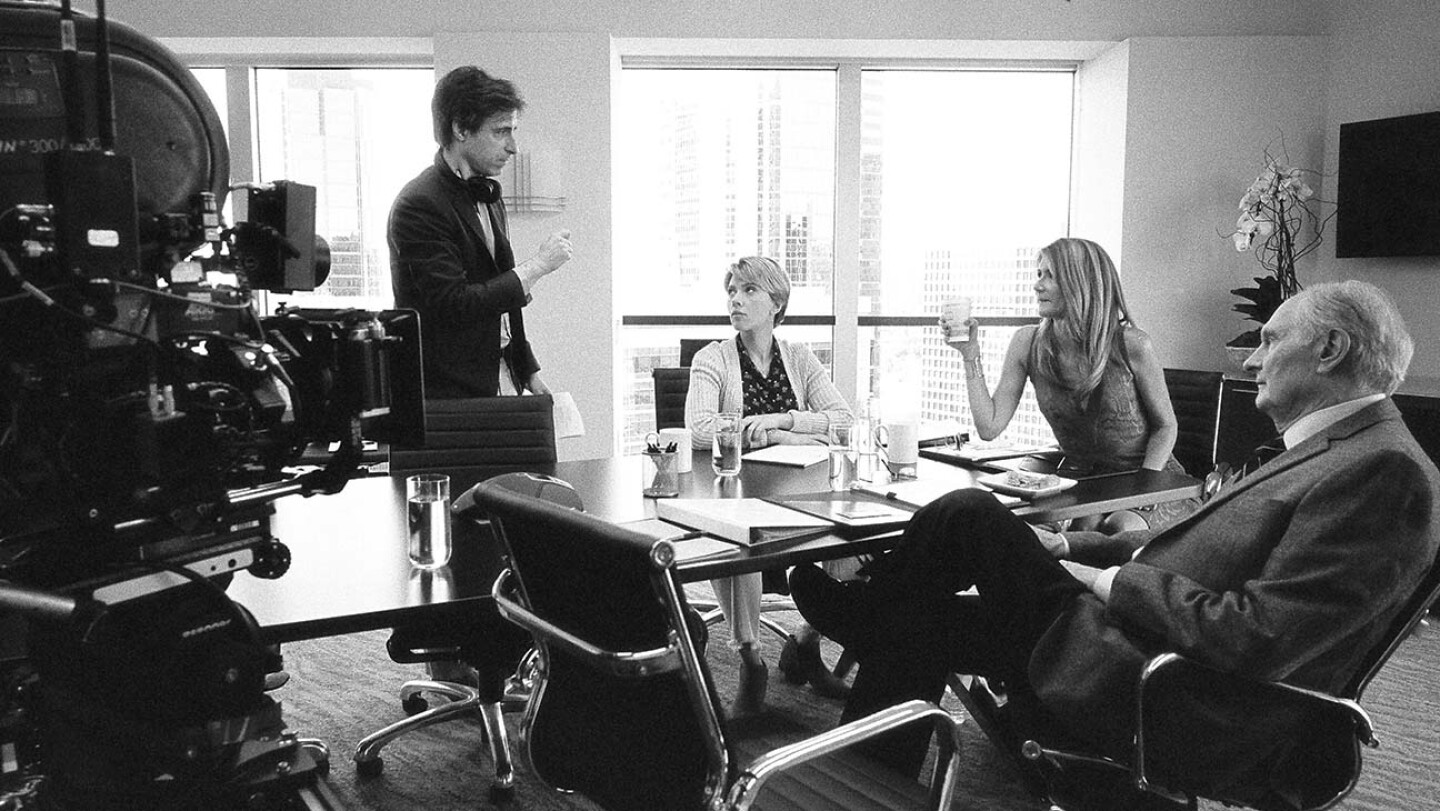 Writer/director Noah Baumbach on the set of "Marriage Story" with Scarlet Johansson, Laura Dern and Alan Alda.