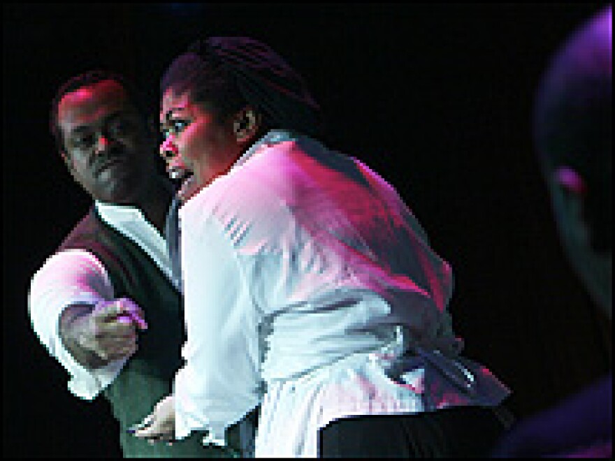 Doneghy, portraying Crum, is joined on stage by Danielle Drakes, who plays a waitress trying to restrain him from an unhappy customer.