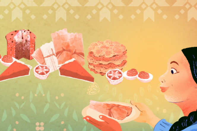 A drawing of a women holding a plate of food against a holiday backdrop