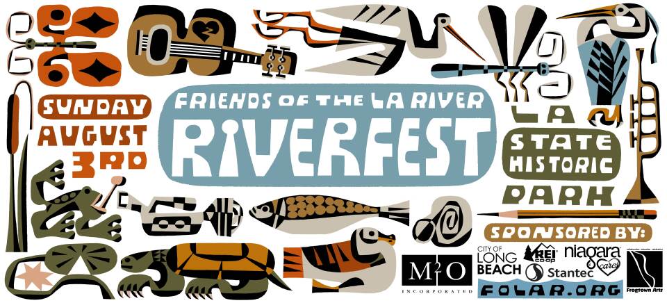 Poster for 'Friends of the LA River Riverfest' on August 3, 2025. It includes includes stylized illustrations of animals, musical instruments and nature elements.
