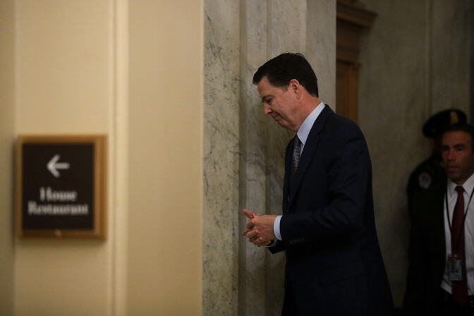 WASHINGTON, DC - JANUARY 13:  FBI Director James Comey arrives at the U.S. Capitol for a classified briefing on Russia for all members of the House of Representatives January 13, 2017 on Capitol Hill in Washington, DC. The internal Office of the Inspector General at the Justice Department announced yesterday that it is conducting a review on the handling of FBI and DOJ's investigation into the Hillary Clinton private e-mail server case.  (Photo by Alex Wong/Getty Images)