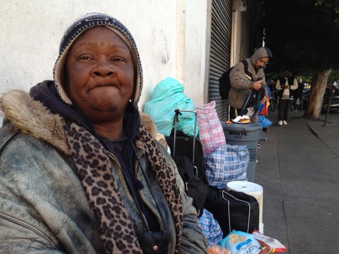 "Mercedes" says "a good, warm hat and a blanket" are key to enduring a cold night on Skid Row.