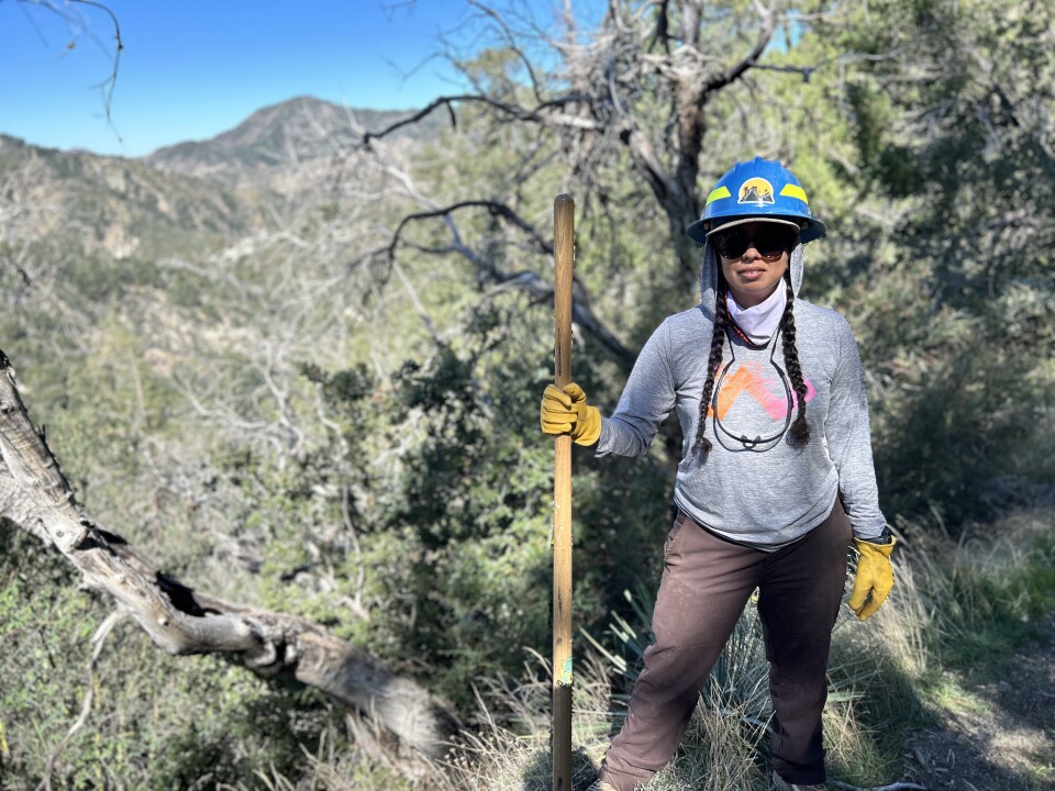 A younger middle-aged Latina woman with two long braids and a blue hardhat wears a gray sweatshirt and yellow gloves and holds a long-stemmed tool. The background is a trail and trees and mountains. 