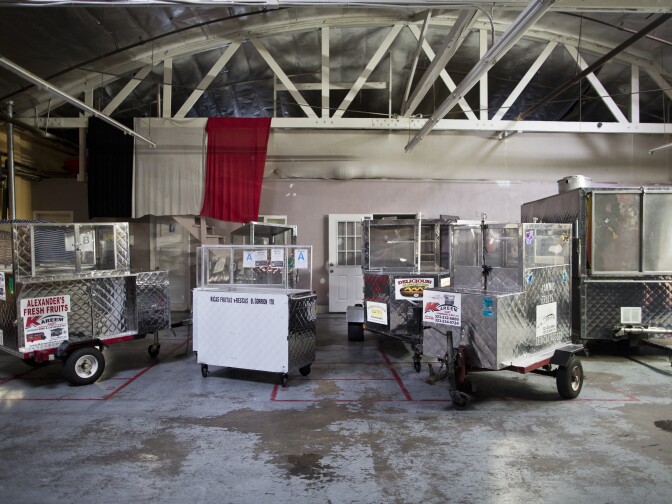Carts fill Kareem Cart Commissary and Manufacturing Co. in South Los Angeles on Wednesday morning, Sept. 2, 2015. Street vendors aren't all independent, this company is one of many that pay for county health department licenses and use commissaries to store and prep food.