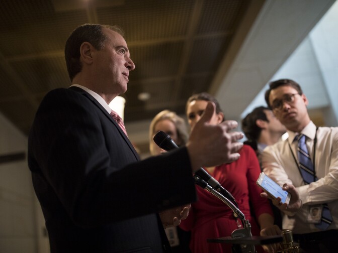Rep. Adam Schiff (D-CA), Ranking Member on the House Intelligence Committee, speaks with reporters on Capitol Hill on February 15, 2018 in Washington, DC.