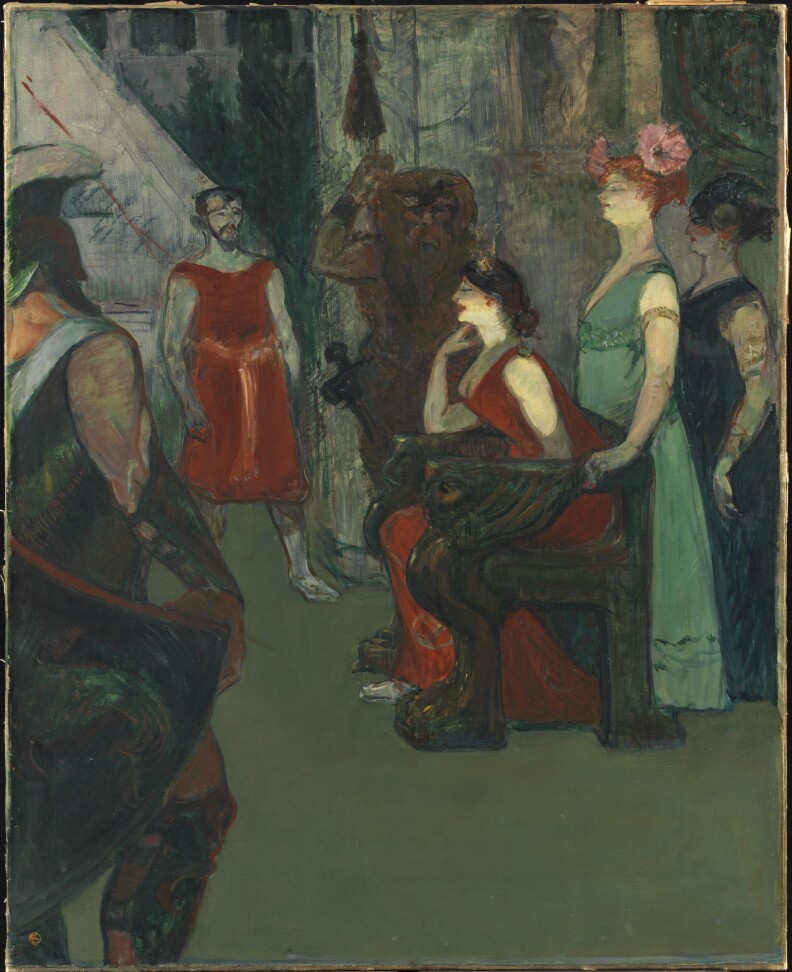 A crowd featuring several people in Roman garb of various colors.