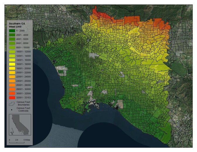 A map of Southern California showing temperatures caused by the urban heat island effect.