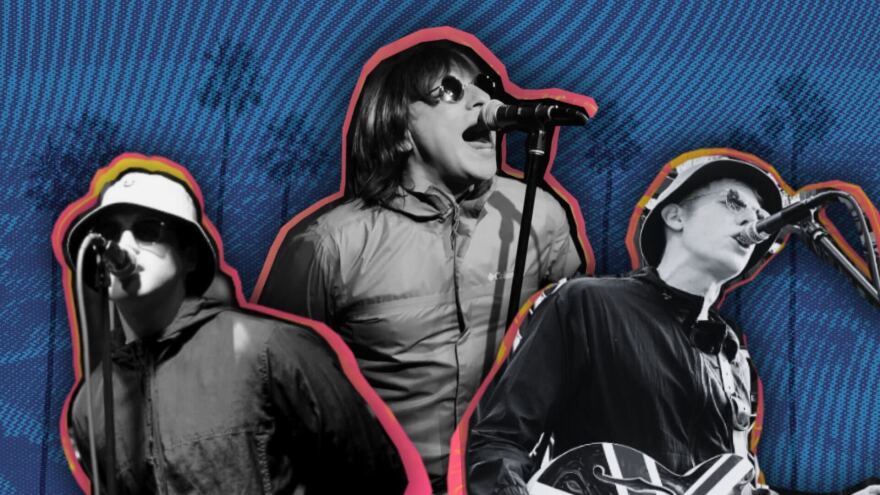 A photo illustration of three men singing into the mic. Each man is cut out in black and white with a red outline. The background is textured and blue with palm trees.