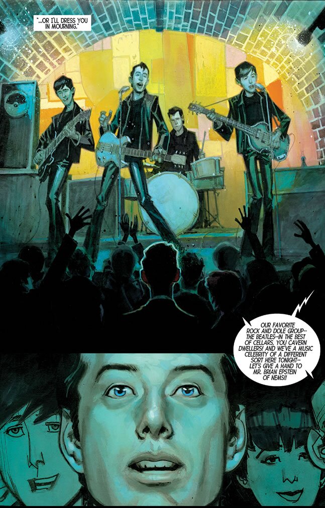 A page from graphic novel "The Fifth Beatle" about Brian Epstein and the Beatles.