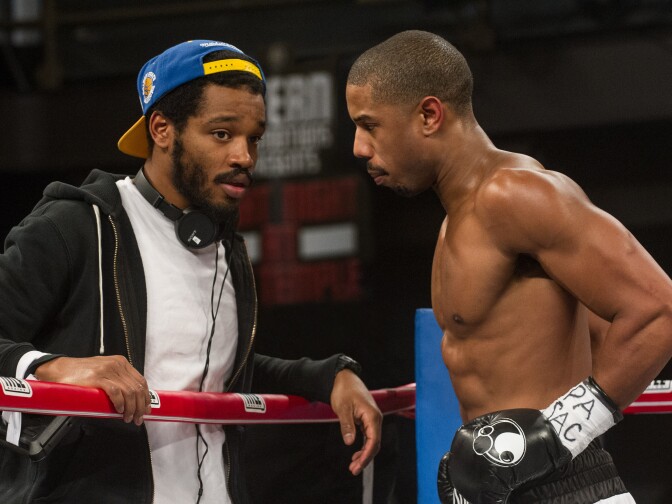 (L-r) Writer/director RYAN COOGLER and MICHAEL B. JORDAN on the set of Metro-Goldwyn-Mayer Pictures', Warner Bros. Pictures' and New Line Cinema's drama "CREED," a Warner Bros. Pictures release.