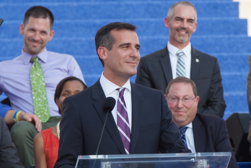 Eric Garcetti delivers his speech at his mayoral inauguration ceremony on June 30th, 2013. He is the 42nd mayor of Los Angeles.