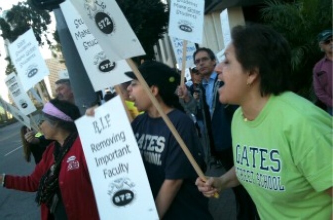 Los Angeles Unified School District employees protest outside LAUSD headquarters on Tuesday, Nov. 30, 2010. Nearly 1,000 LAUSD employees, mostly clerks and custodians, will their jobs Wednesday because of state budget cuts. 