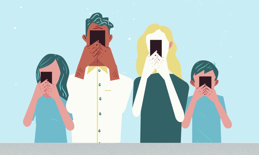 Illustration of young people holding their cell phones up to their face.
