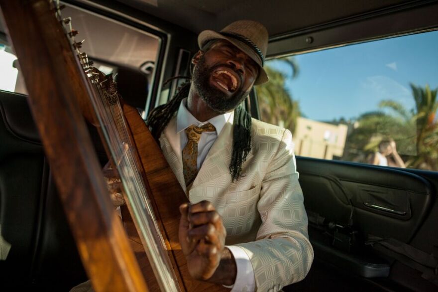 Philip King, the beatboxing harpist, practices his routine during rehearsal. 