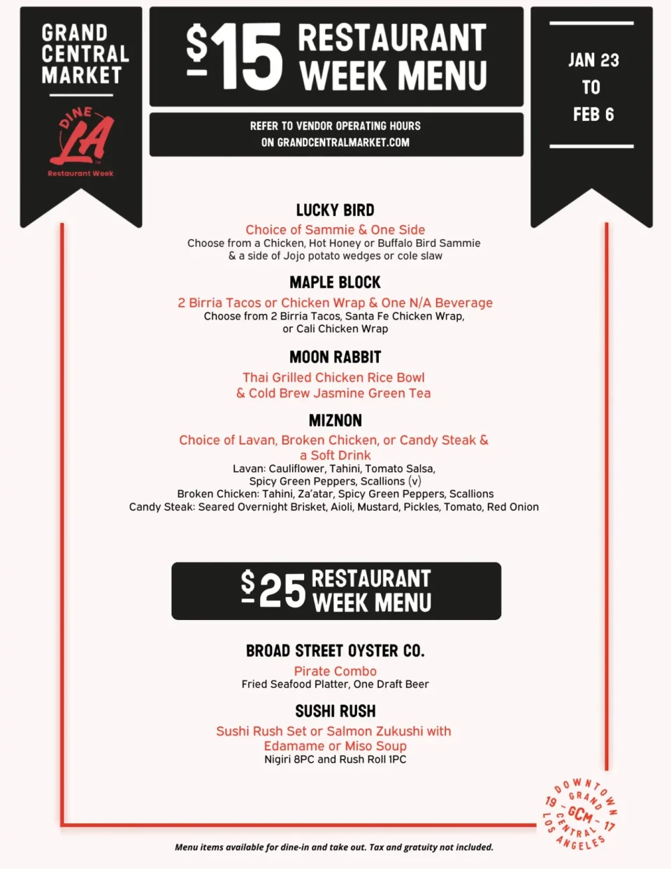 A $15 restaurant week menu for DineLA at Grand Central Market. 