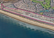 A map that includes a coastal stretch of Huntingtoon Beach with a pink border outlining a slice of land along Pacific Coast Highway.