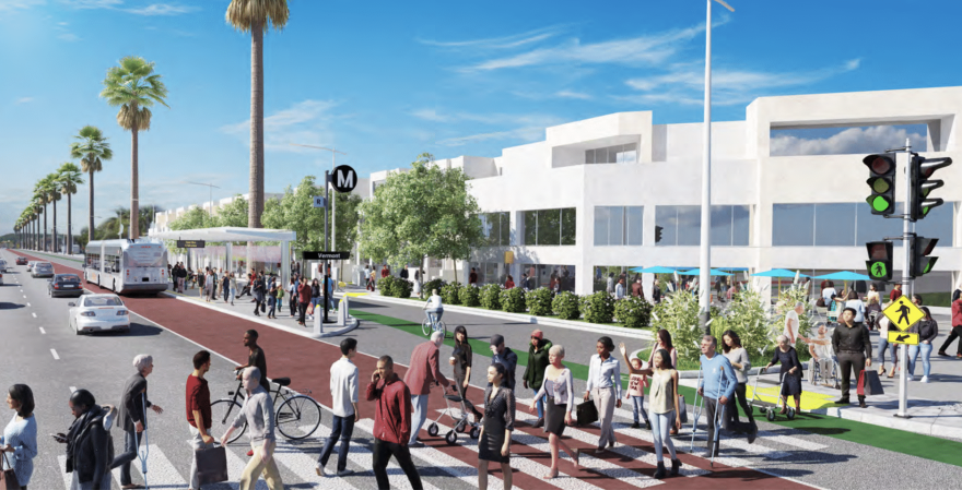 A computer rendering depicts pedestrians crossing a street with a marked bus lane and car traffic in the background along a street lined with palm trees.