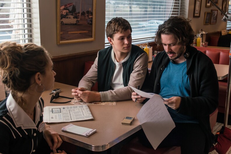 BTS/ Director Edgar Wright with Lily James and Ansel Elgort (center) on the set of TriStar Pictures' "Baby Driver."